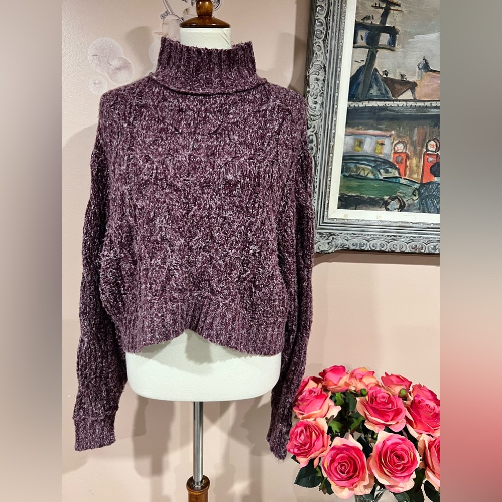 Free People Cotton Blend Long Sleeve Wine Knit Cropped Sweater Size Xs